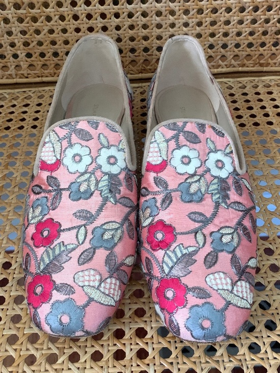 Stuart Weitzman Pipearky Pink Floral Smoking Flats Loafers 8 - Picture 1 of 5